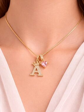 Gold Initial A Necklace with Pink Crystal Charm - Women Jewelry